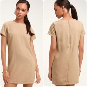 LULUS Shift and Shout Beige Shift Mini Dress MEDIUM Minimalist Neutral Classic